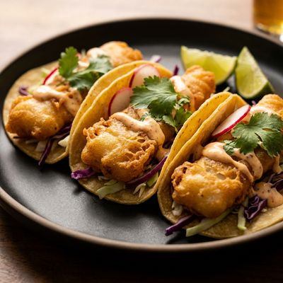 Crispy Beer-Battered Fish Tacos with Slaw